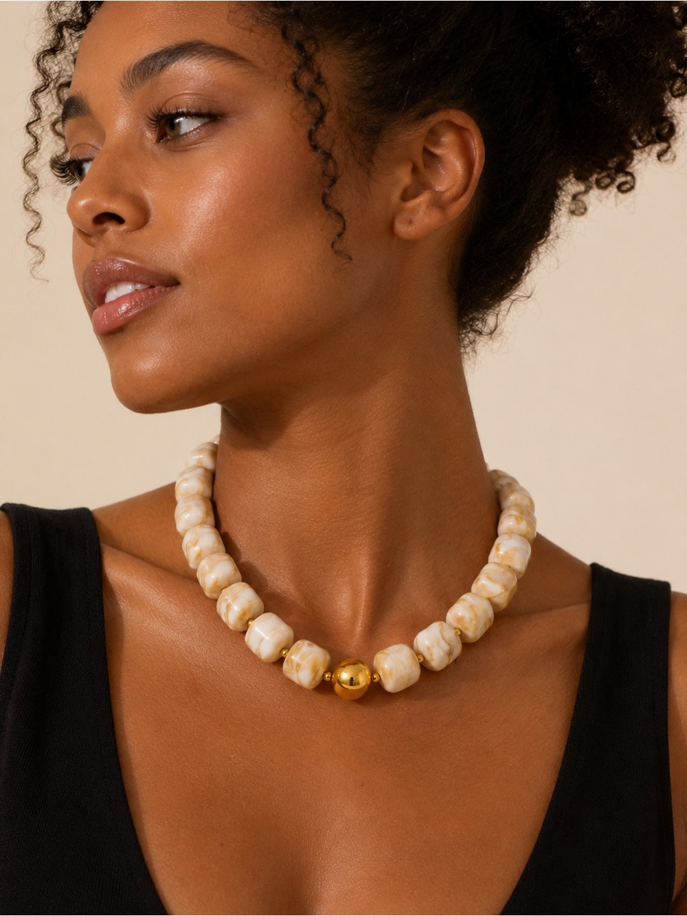 Modern Cream Marble Beaded Necklace with Gold Accent